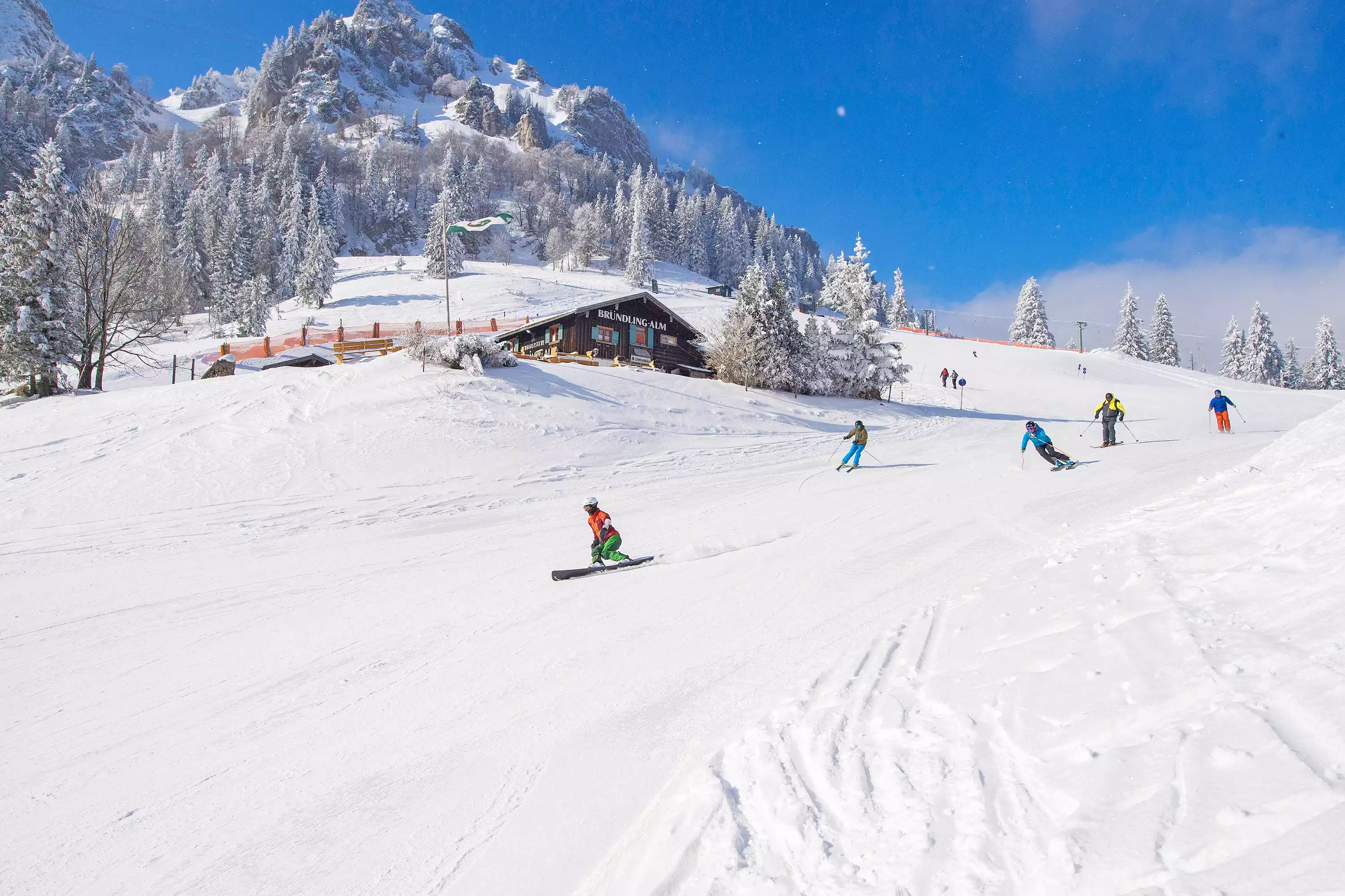 Alpinski und Snowboard in den Alpen
